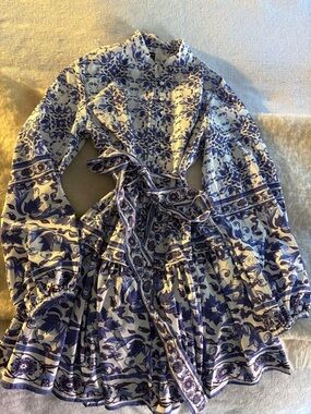 Blue and White Floral Tie-Waist Long Sleeve Dress